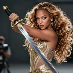 a beautiful cinematic image of a beyonce wielding a sword, cinematic, 4k, realistic, anime artwork, rtx, hyperrealistic, unreal