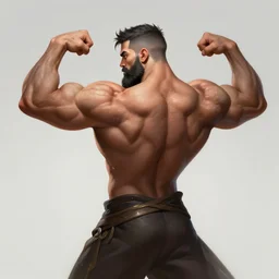 a highly detailed illustration of short haired shirtless bearded god, heroically flexing bodybuilding 3/4 back pose, muscular, intricate, elegant, highly detailed, centered, digital painting, artstation, concept art, smooth, sharp focus, league of legends concept art, WLOP