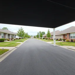 a suburban street with a black ceiling and carpeted floor