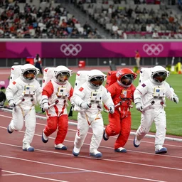 5 space astronauts in spacesuits of different colors, running in a relay race in a stadium, olympic games