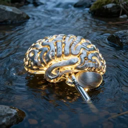 glowing brain made of steel lying in river,