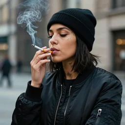 photograph portrait of a mixed woman smoking a cigarette, face tattoos, black beanie, black bomber jacket, urban environment, depth of field, 8k, hd, award-winning, 82 mm sigma
