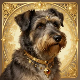 a beautiful shaggy dog, gold jewellery, dnd, fantasy, intricate, elegant, highly detailed, digital painting, artstation, concept art, smooth, sharp focus, illustration, art by artgerm and greg rutkowski and alphonse mucha
