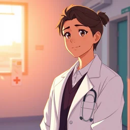 a film still of a cute doctor in white coat, hospital ward, sunset lighting, perfect faces, max details, anime, realistic, by stephan koldi