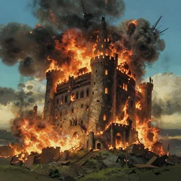 burning remains of the castle in the sky, artwork by Studio Ghibli and Noah Bradley