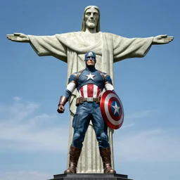 captain America statue replaces Christ the redeemer statue in Brazil, stone, 4k, photo real