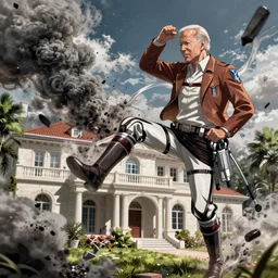 joe biden, as a titan, kicking a florida mansion, attack on titan, anime key visual, wit studio official media, smoke and rubble, high detail, stomping, stomping, stomping