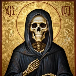 hooded skeleton in style of antique orthodox christian icon, religious art, hd, hq, high resolution, high detail, 4 k, 8 k