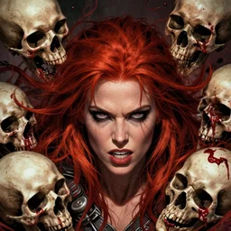 still from 3 0 0 of a head and shoulders action photo, human female barbarian, red hair, frenzy, blood and skulls, d & d, high fantasy, by frank miller, facial detail, extremely detailed, comic book cover photo