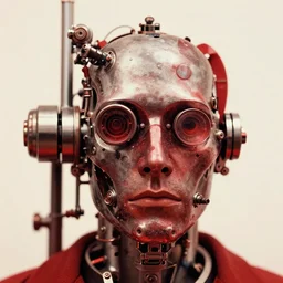 a close - up mechanical portrait of marcel duchamp in the style of hito steyerl and shinya tsukamoto and irving penn, red hues