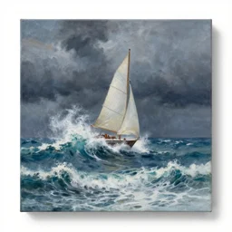 a painting depicts waves crashing against a sailboat on rough seas below dark and stormy clouds