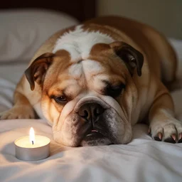 a closup, 4 5 mm, portrait of a sleeping english bulldog on a pillow in a bed, candle light, 4 5 mm, by franz lanting