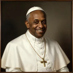 renaissance museal painting portrait of a black person pope smiling,