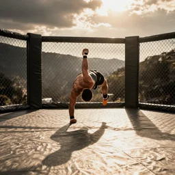 A wrestler dropping an elbow from the top of the cage