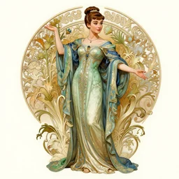 ivory carved mage audrey hepburn with braided hair, wearing green and blue ornate robe, plants, intricate, elegant, highly detailed, digital painting, artstaion, full body action concept art, smooth, sharp, focus, illustration, art by artgerm, alphonse mucha, ilya kuvshinov