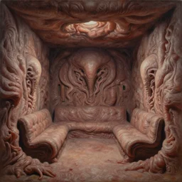 a monstrous organic flesh room with intricate folds and grotesque textures, cube shaped room, highly detailed, alien technology, 4 k, 8 k, oil on canvas