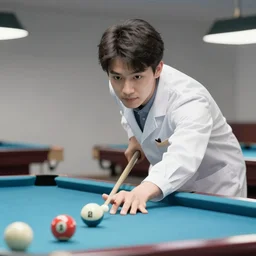 young male asian scientist in white coat playing the Billiards,trending on artstation,digital art.