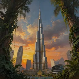 single building of burj khalifa in the middle .surrounded by tall vines in oversized jungle, moody sunset and dramatic sky , oil painting by frazetta, low angle, postapocalyptic, cinemascope panorama