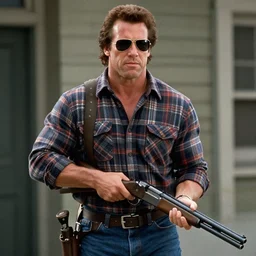 film still of Dave Bautista as Nada wearing a flannel shirt and sunglasses and holding a shotgun with a bandolier in Bank scene in They Live 1988