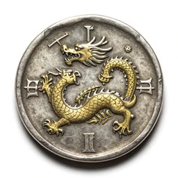 Old silver coin with many ornaments from the Middle Ages, golden dragon in the middle of the coin, highly detailed, concept art, 4k, artstation, cgsociety, octane render.