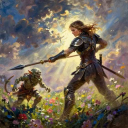 kate beckinsale impale pathfinder goblin with spear on the distance, perspective, on the field of flowers, oil painting, Tooth Wu, Greg Rutkowski, RPG portrait, dynamic lighting, fantasy art, High contrast, colorfull, godrays, depth of field