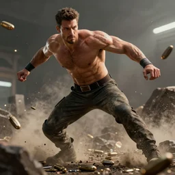 “ athletic man dodging bullets, action shot, in the style of boris vallejo and julie bell, photorealistic, unreal engine ”
