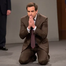 Andy Richter wearing a brown suit and necktie kneeling on both knees with a pleading look on his face.