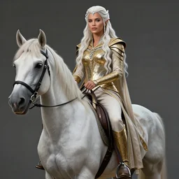 a fantast beauty full body detailed portrait adriana lima on a horse as galadriel, platinum white wavy long hair, white headband in the front with diamonds, jewelry body armor in golden and silver colors, pointy ears, detailed, epic masterpiece of cinematographic hyperrealism, realistic shaded lighting poster by craig mallismo, artgerm, jeremy lipkin and michael garmash, unreal engine