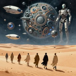 a illustration of people walinkg in the desert wearing cloaks, spaceships in the enviroment, cyborgs, intrincate, futuristic, fantastic planet, by moebius, jean giraud & kilian eng