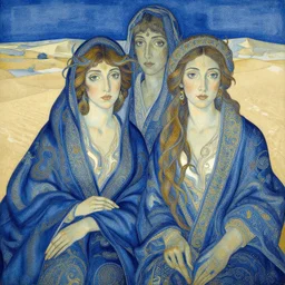 most beautiful silk brethren, azure milieu of desert of reality, in the style of william blake, terese nielsen, detailed, intricate, beautiful faces, steve argyle, pastoral fantastic reality