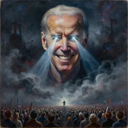 large abstract painting of giant Joe Biden grinning evil emperor of the world emerging in dark clouds,  cosmic horror, evil, dangerous, trending on ArtStation, masterpiece, by Greg Rutkowski, by Ross Tran, by Fenghua Zhong, octane, lightbeam eyes, soft render, clear facial features, oil on canvas, immense crowd of people, moody lighting, cinematic, professional environment concept art