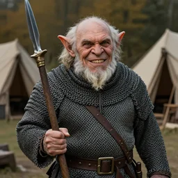 portrait of the grinning elder goblin wearing chainmail whilst concealing a spear within the interior orc encampment greg rutkowski ismail inceoglu ishbel myerscough