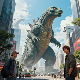 a great kaiju lizard towers over the streets of tokyo in the near future, art by james gurney and marc simonetti and federico pelat, tohoscope, science fiction, hyperrealism