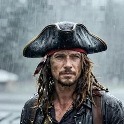 concerned russell crowe wearing a big pirate hat standing behind a rainy dirty window and wooden wall peering out towards the camera