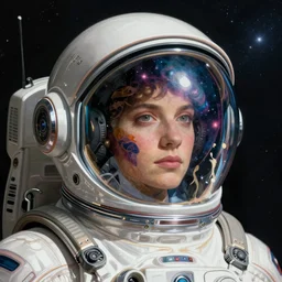 Portrait of a Futuristic reflective spacesuit visor mirror spacesuit reflecting a nebula supernova in space, portrait, elegant, intricate, digital painting, artstation, concept art, smooth, sharp focus, illustration, art by artgerm and greg rutkowski and alphonse mucha