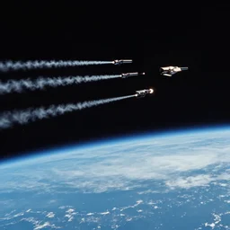 spaceship guns shooting multiple tracers in space near earth, realistic photo from nasa