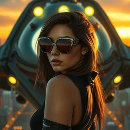 shoulder portrait of a young mila kunis as a cyberpunk assassin posing in front of her spaceship, ar sunglasses, golden hour dramatic light, city background, sunset, high contrast, sharp, painted by stanley lau, greg rutkowski, stanley artgerm, wlop, beeple