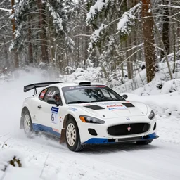 a 2 0 0 5 maserati mc 1 2 gt 1, racing through a rally stage in a snowy forest