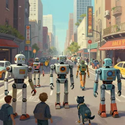 busy street of retro robot city. robots. cybernetic. beeple. petros afshar. jim burns. trending on artstation. digital painting.