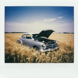 old 5 0 s car broken down, field of wheat, polaroid, film still