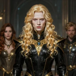Lucius as an androgynous albino prince in a black gilded obsidian bodysuit, long fluffy golden blonde curly hair, symmetrical center parted curtain bangs, digital painting, sci-fi setting, symmetrical features, Daniel Gerhartz, high detail intricate, artstation, WLOP, Artgerm, J. Scott Campbell; Olivia De Berardinis, Daniel Gerhartz, jack kirby, mysterious vibes
