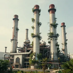 beautiful extreme high - tech factory building with trees sprouting from its high white and red chimneys with pipes shaped like a poset diagram, drone camera lens orbs, 3 point lighting, highly detailed larval stage, natural color scheme, photo still from movie by denis villeneuve,