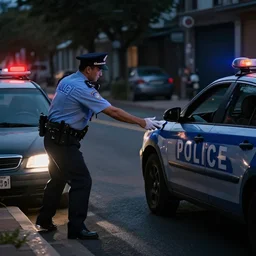 a police officer pulling me over in a dark street, detailed, realistic