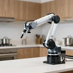 a robotic arm on a table in a kitchen, professional photo