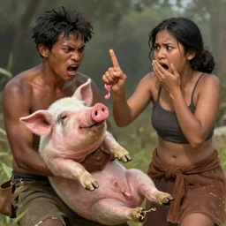 halus gloats, holding a pig between his thumb and index finger. yukan holds onto the pig by its legs, shouting angrily. yukan ’ s cousin kumu holds her hand over her mouth in fear. digital painting, artstation