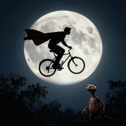 superman riding a bike over the full moon as silhouette, from the movie e. t. the extra terrestrial, with dark trees in foreground, cinematic frame, hd