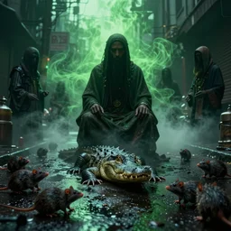 voodoo people film clip by the prodigy, cyberpunk, dark magic, green whispy fog, street scene, dirty rats, hdr, alligator shaman, faint feeling of doom, wet asphalt, reflected light, detailed render, gloomy, ray traced reflections, trending on deviantart, dlss