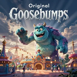 Original Goosebumps book cover art of a giant cartoonish monster attacking a theme park
