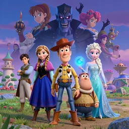 a beautiful concept art of disney and pixar characters 3 d, disney mirror verse gaurdians anna, woody, elsa and buzz in a quest to protect a new power source from falling into the hands of a sinister, studio ghibli and alejandro burdisio, dark night, anime, manga, hyper detailed, vibrant, landscape, 8 k hdr, digital, art station, cg