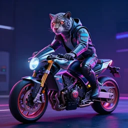 portrait of a neon cyberpunk jaguar animal riding a motorcycle, octane render